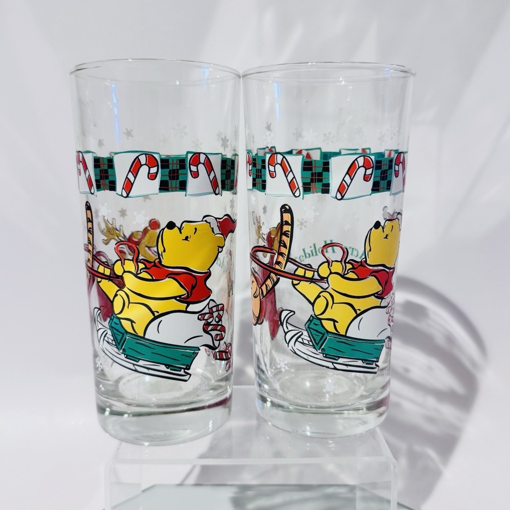 (2) Winnie the Pooh & Reindeer Tigger 100 Acre Holiday‎ 16oz Tumbler Glasses